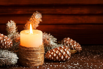 fir branches, Christmas balls and decorations, garland on a wooden background
