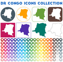 DR Congo icons collection. Bright colourful trendy map icons. Modern DR Congo badge with country map. Vector illustration.
