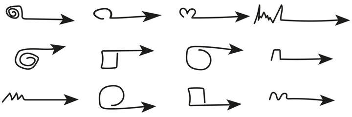 Black narrow arrows collection isolated on white background. Different arrow shapes for navigation or web download.Abstract collection. 