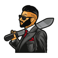 Handsome man in business suit with sunglasses, tattoos and machete vector illustration in GTA Style