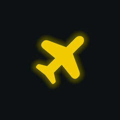 Obraz premium Airplane Silhouette yellow glowing neon icon