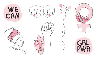 Set feminist girl power vector with african women face, fist and lettering WE CAN, GRl PWR in continuous one line art