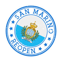 San Marino Reopening Stamp. Round badge of the country with the flag of San Marino. Reopening after lockdown sign. Vector illustration.