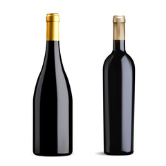 Two wine bottle design. Black glass red pinot noir or burgundy wine blank, isolated vector mockup. Vintage frenchbeverage like bordeaux, elegant mesh illustration, shampagne, cabernet