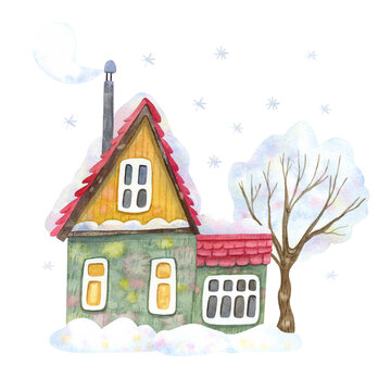 Cozy wooden village house surrounded by snow trees and snowdrifts. Winter  landscape. Hand painted watercolor illustration isolated on white. Yellow, green and pink colors.