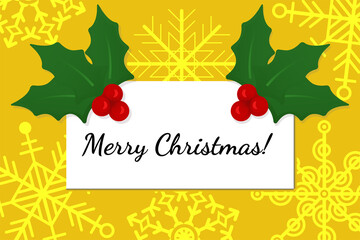 Merry Christmas bright minimalistic greeting card with Holly berry. White paper on yellow background with snowflakes. Flat vector editable illustration