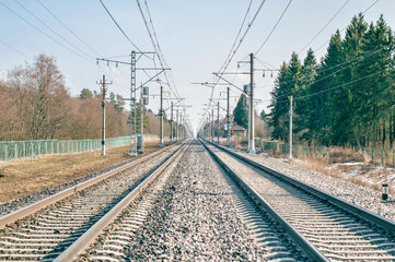 Fototapeta na wymiar St Peterburg - Moscow high speed railway landscape, railroad tracks in daylight