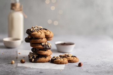 Spritz biscuits sablés ambiance de Noël au chocolat et noisette avec sapin et  bouteille de lait