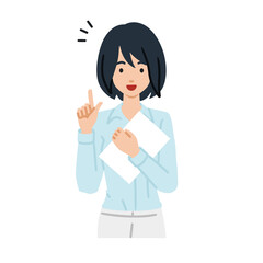 立って書類を手に持って何かひらめいたブラウスの女性