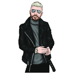 Handsome man in black Leather Jacket with sunglasses vector illustration in GTA Style