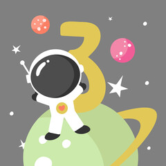 Space Party Invitation Card Template, Birthday Party in Cosmic Style Celebration, Greeting Card, Flyer Cartoon Vector. Kids illustration with planets, cosmonaut and number three.