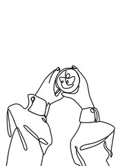 One continuous line drawing, hand holding coffee cup 