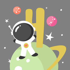 Space Party Invitation Card Template, Birthday Party in Cosmic Style Celebration, Greeting Card, Flyer Cartoon Vector. Kids illustration with planets, cosmonaut and number four.