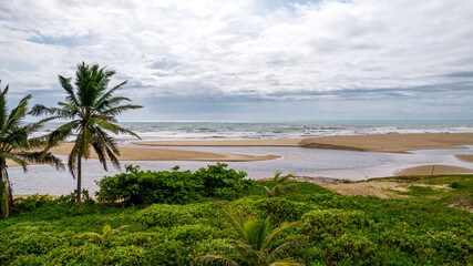 Aerial view of Imbassai beach, Bahia, Brazil. Beautiful beach in the northeast with a river and palm trees.