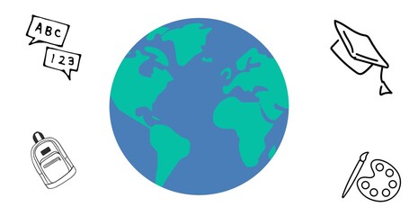 Digitally generated image of earth with school education icons against white background