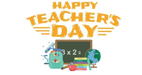 Vector image of teacher's day text and school supplies against white background with copy space