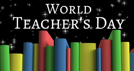 Obraz premium Digitally generated image of world teacher's day text and colorful books against black background
