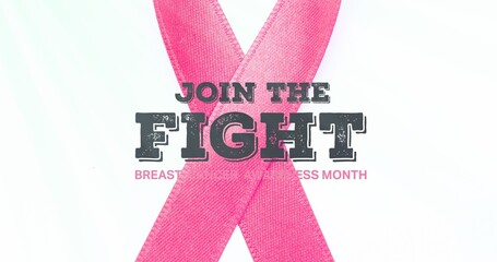 Composite image of breast cancer awareness slogan with pink ribbon over white background, copy space