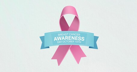 Composite image of breast cancer ribbon and awareness slogan over white table with copy space