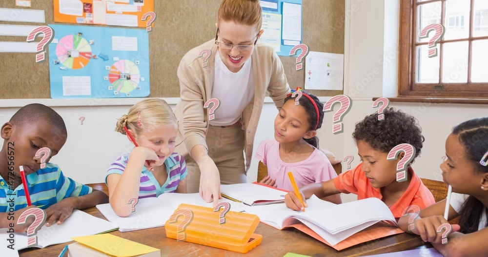 Poster Digital composite of smiling teacher guiding students in classroom with question marks