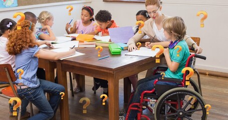 Digital composite of teacher assisting disabled schoolgirl with other students and question marks - Powered by Adobe