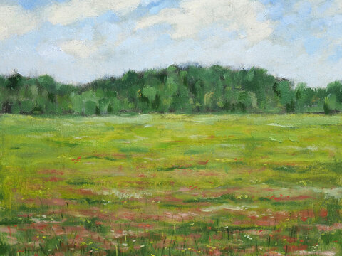 Landscape with meadow and forest. Oil painting. Sunny summer day in the countryside
