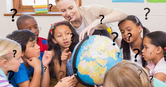 Digital composite of smiling teacher teaching students geography on globe with question marks