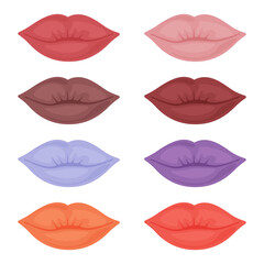 Lips. A large bright set with the image of sexy lips of different colors. Lips with different lipstick colors. Vector illustration