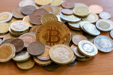 bitcon coin rising in the middle of several coins. cryptocurrency concept