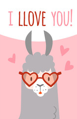 Fototapeta premium I love you card. Cute llama in heart glasses. Funny alpaca character