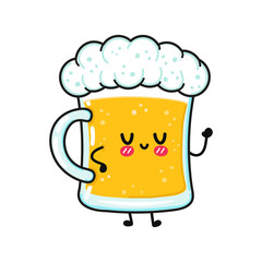 Cute funny glass of beer waving hand character. Vector hand drawn cartoon kawaii character illustration icon. Isolated on white background. Glass of beer character concept