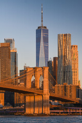 Fototapeta na wymiar Travel to New York. The skyline of Manhattan photographed during a summer sunrise, view to Brooklyn Bridge. Landmarks of United States of America. Skyscraper office buildings.