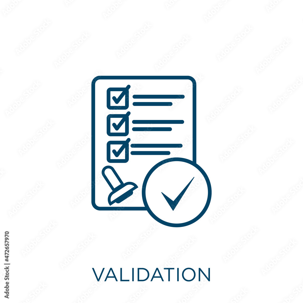 Poster validation icon. thin linear validation outline icon isolated on white background. line vector valid