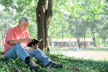 Naklejka na ściany i meble Asian elderly man sitting under a tree in a park, reading a diary from a notebook, to retirement age and nature concept.