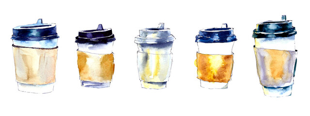 Coffee cup painted with watercolors on white background. The drink and sweets. Watercolor paper cup of coffee.