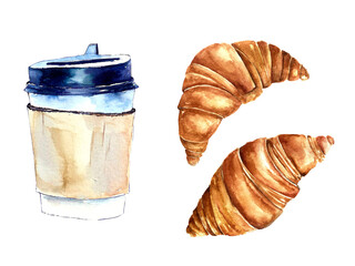 Coffee cup painted with watercolors on white background. The drink and sweets. Watercolor paper cup of coffee and croissant - 472659938