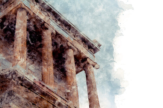 Temple of Nicky Ateros against the background of a cloudy sky in Athens Acropolis