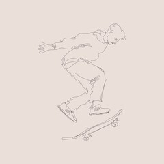 A young skateboarder training in a skatepark, jumping on a skateboard into the air with a coup