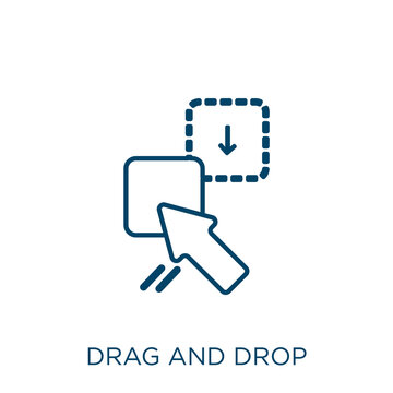 drag and drop icon. Thin linear drag and drop outline icon isolated on white background. Line vector drag and drop sign, symbol for web and mobile.