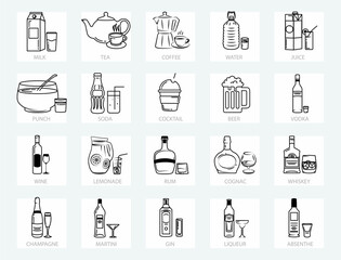 Drinks web icons set - thin line. Outline Icon Collection Simple vector icons included such as juice, tea, coffee, cocktail, alcohol, gin, martini, whiskey and so on. Vector Icons.