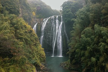 Great waterfall in Japan on a rainy day