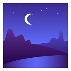 Night landscape. Countryside under dark night sky with moon crescent