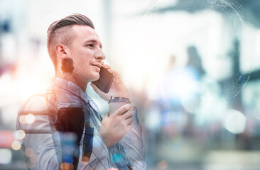 Double exposure of business cuacasian man using smartphone, social technology concept.