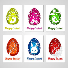 Set of Easter cards with colorful eggs in paper cutting style on gray background. Imitation paper art style. Template for greeting Easter cards