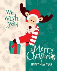 Fototapeta na wymiar Merry Christmas card with deer and present box