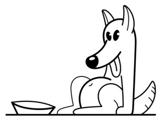 Funny cartoon dog sitting near his bowl satiated and happy vector flat style illustration isolated on white, cute and adorable domestic animal friend.