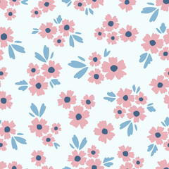 Seamless pattern with pink flowers and blue leaves