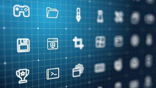 4K Abstract 3d animation. Digital development network background. Cyberspace grid swipe. Futuristic interface, interaction system concept. IT Device, program code, tech data line icon. Seamless loop