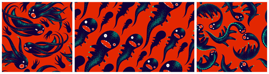 Scary horror monsters seamless vector textile pattern set, beasts creatures endless wallpaper, stylish background for Halloween theme, funny picture collection.