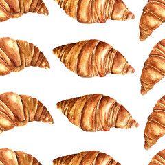 Coffee cup painted with watercolors on white background. The drink and sweets. Watercolor paper cup of coffee and croissant. Seamless pattern.
